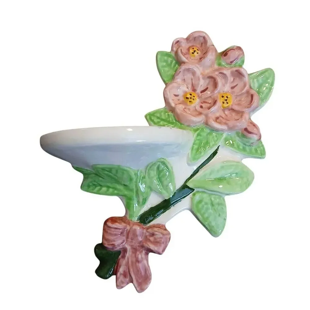 Vtg Pink Bouquet of Flowers Green Leaves Bow Ceramic Hanging Wall‎ Shelf Decor